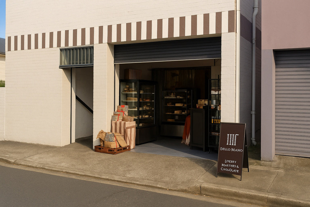 Front of Dello Mano Kitchen Store in West End Brisbane with handmade brownies and cakes on display
