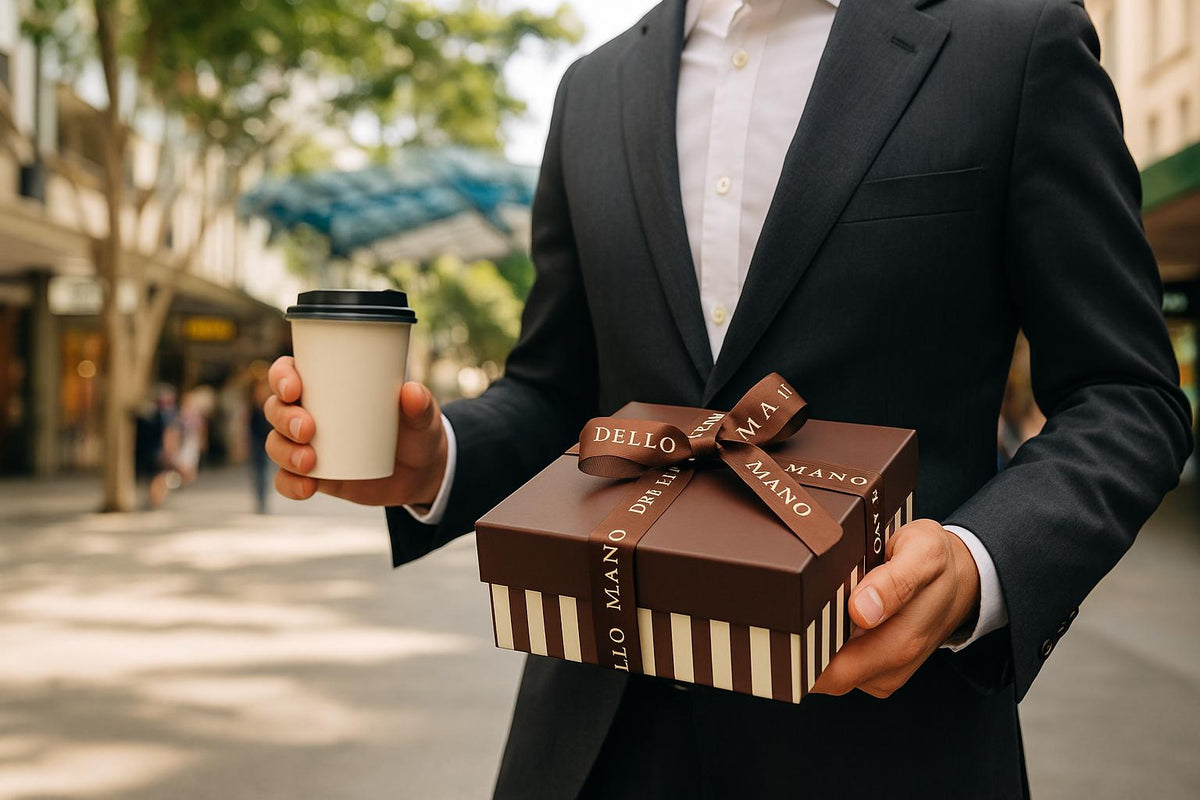 Professional in Brisbane’s Queen Street Mall holding a Dello Mano ribboned gift box and coffee, from the Wintergarden kiosk