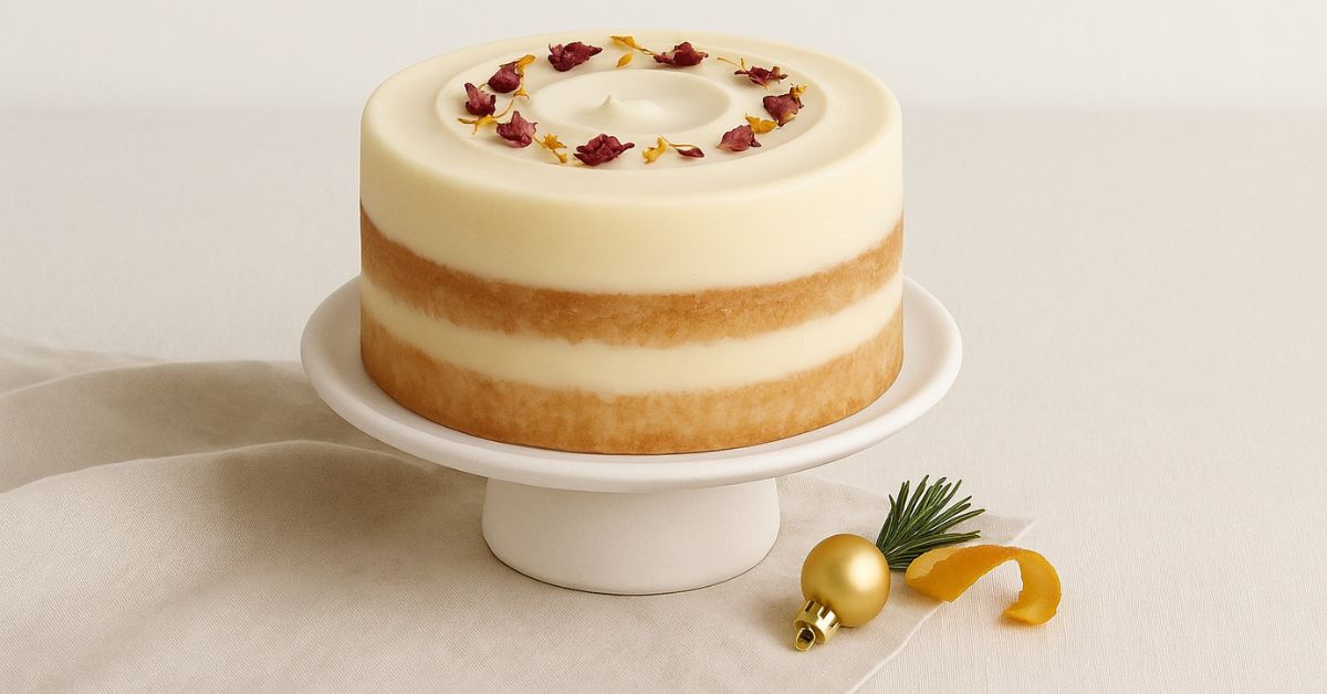 Gluten-friendly Orange & Almond Cake on a white pedestal stand, decorated with rose petals, on soft linen with gentle festive details. A calm, handmade aesthetic in warm neutral tones.