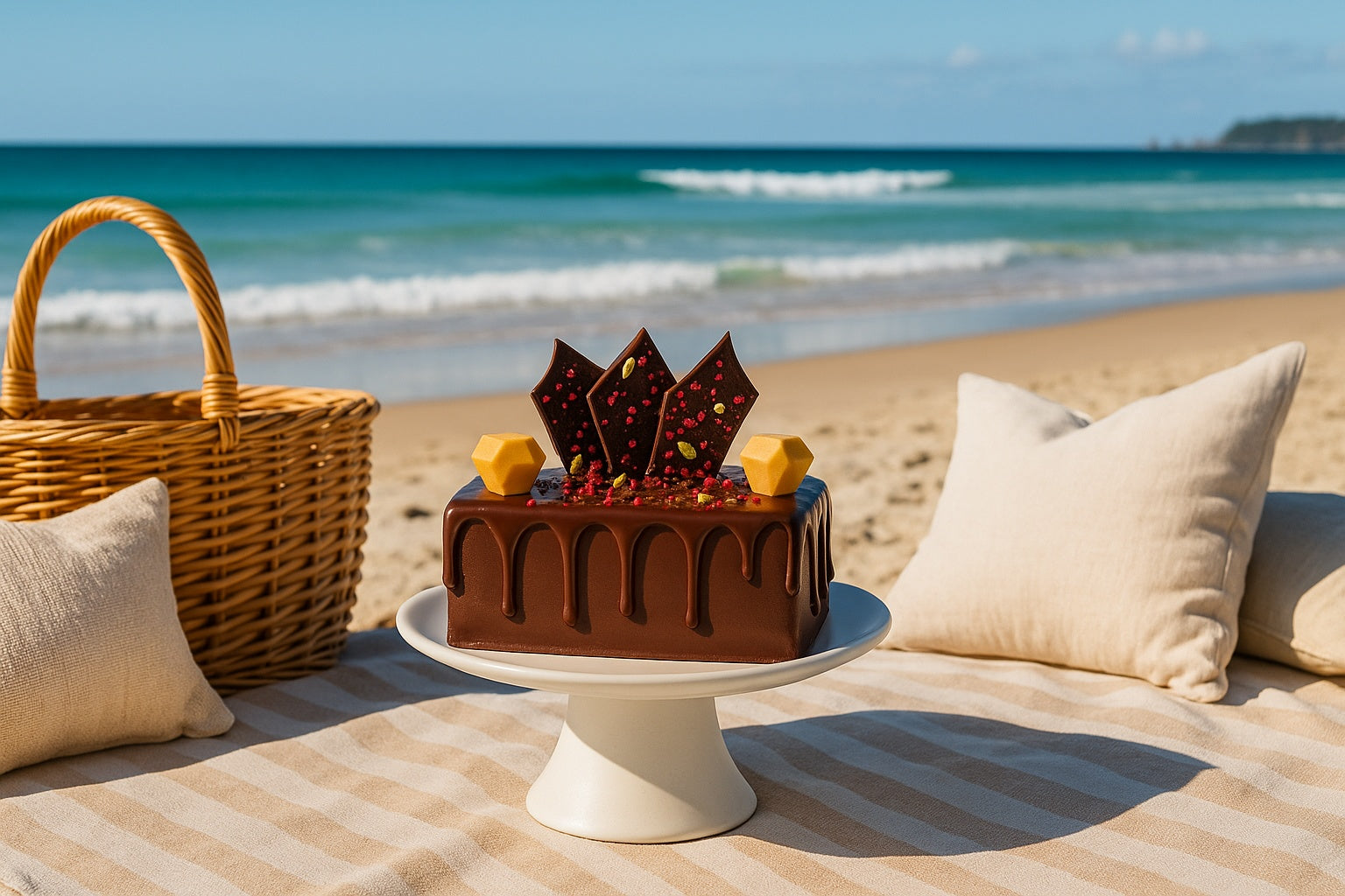 Dello Mano Brownie Jewel Box Cake on a white cake stand at a Gold Coast beach picnic with ocean waves, basket, and cushions in the background.