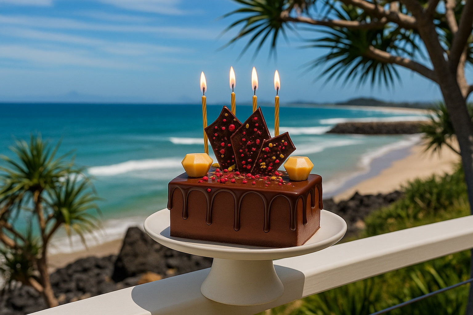 Handmade chocolate birthday cake with ganache drip, golden chocolates, and chocolate shards, styled with lit candles on a white cake stand overlooking the Gold Coast beach.