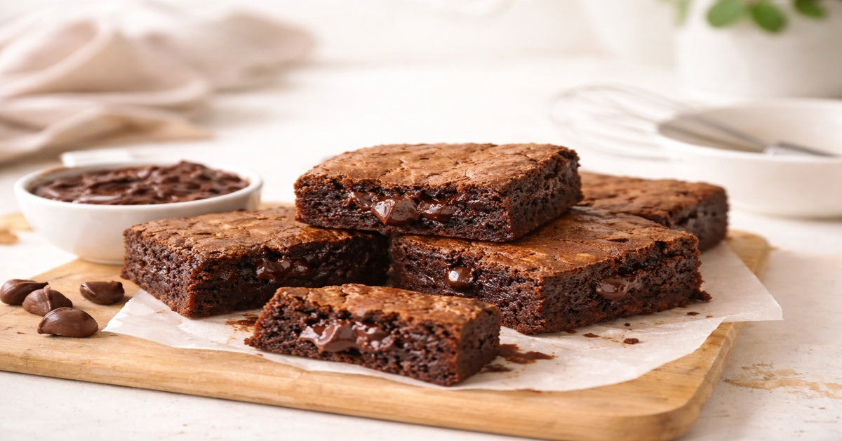 Chocolate brownies with rich gooey centres stacked on a wooden board