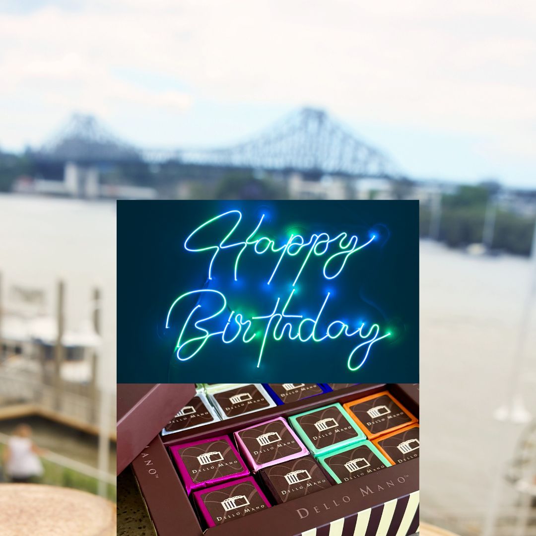 A luxury birthday brownie gift box by Dello Mano, in Brisbane with the iconic Story Bridge and neon birthday greeting overlay.