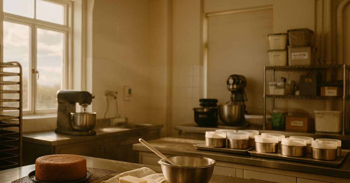 Warm afternoon light fills a small artisan bakery kitchen, with cake tins lined in paper, a stand mixer on the bench, and stainless-steel worktables capturing the quiet, handmade rhythm of small-batch baking at Dello Mano in Brisbane