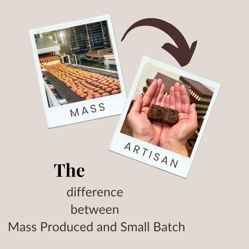 Comparison of mass-produced baked goods on a factory line versus a handmade brownie held in cupped hands, illustrating the contrast between industrial and artisan baking.