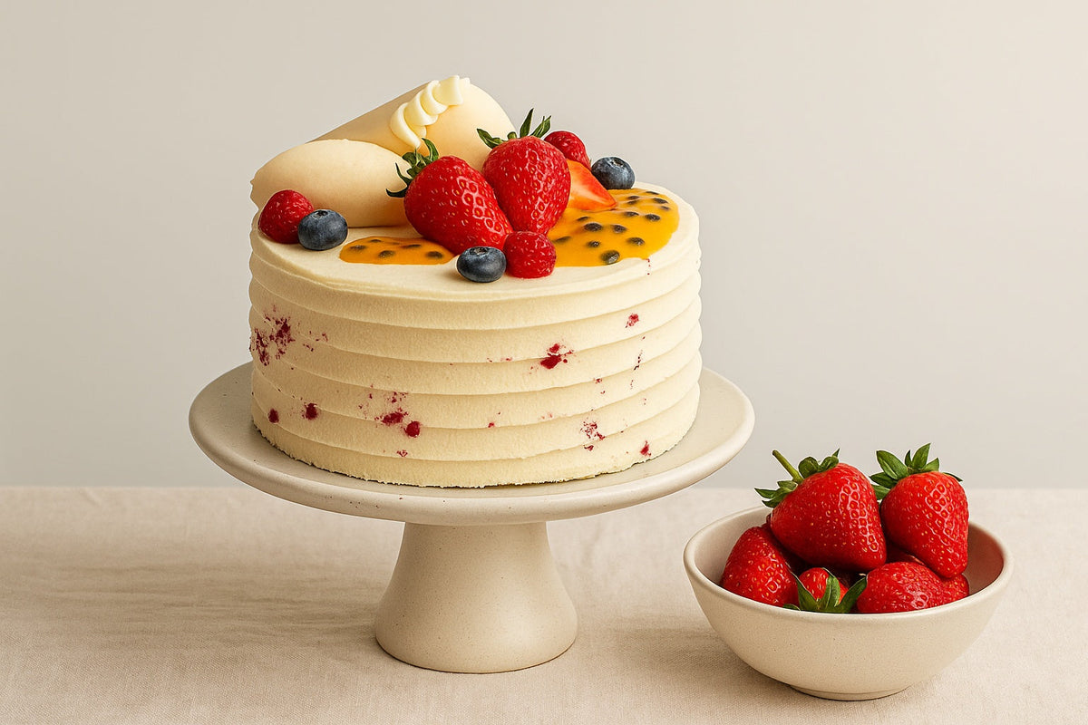 Raspberry & Passionfruit Torte Cake Brisbane on a ceramic stand beside a bowl of fresh strawberries, handmade by Dello Mano with passionfruit mousse and Belgian white-chocolate ganache.