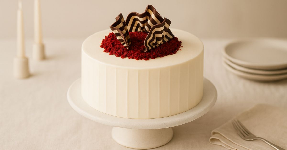 Large handmade red velvet cake for 12+ people with cream cheese frosting and chocolate curls, displayed on a white stand at a celebration table.