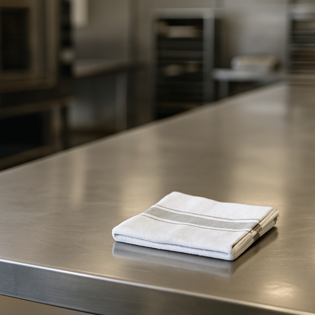 Minimalist scene of a commercial kitchen bench with a folded tea towel, reflecting the stillness and intention behind Dello Mano’s handmade process.