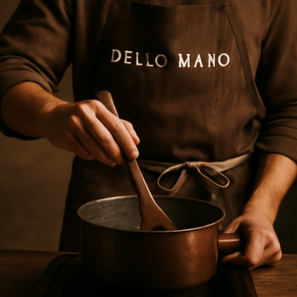 Woman in Dello Mano apron prepares chocolate for a small batch brownie