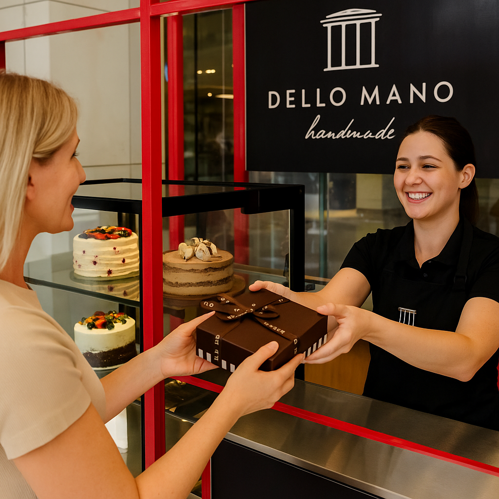 A smiling girl in Dello Mano Apron hands a striped chocolate brownie  gift box to a customer. 