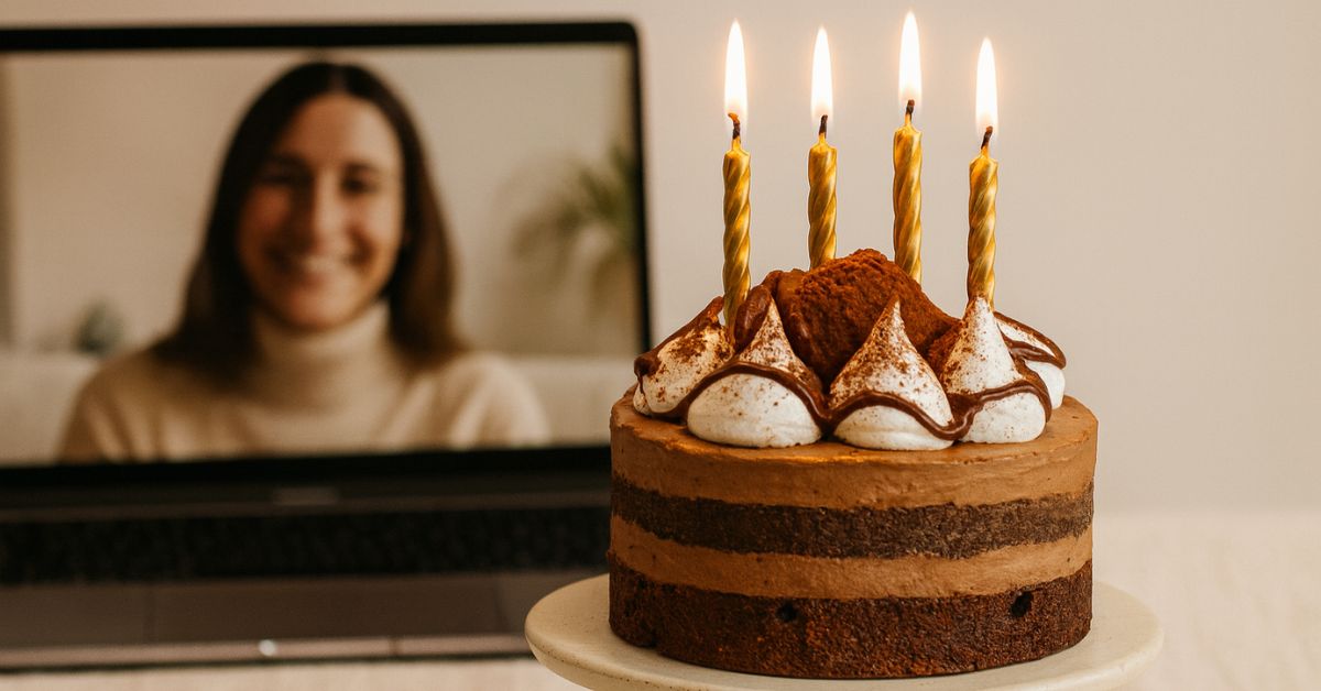 Handmade chocolate birthday cake with golden candles at a zoom call, symbolising Brisbane birthday cake delivery and celebrating from afar.