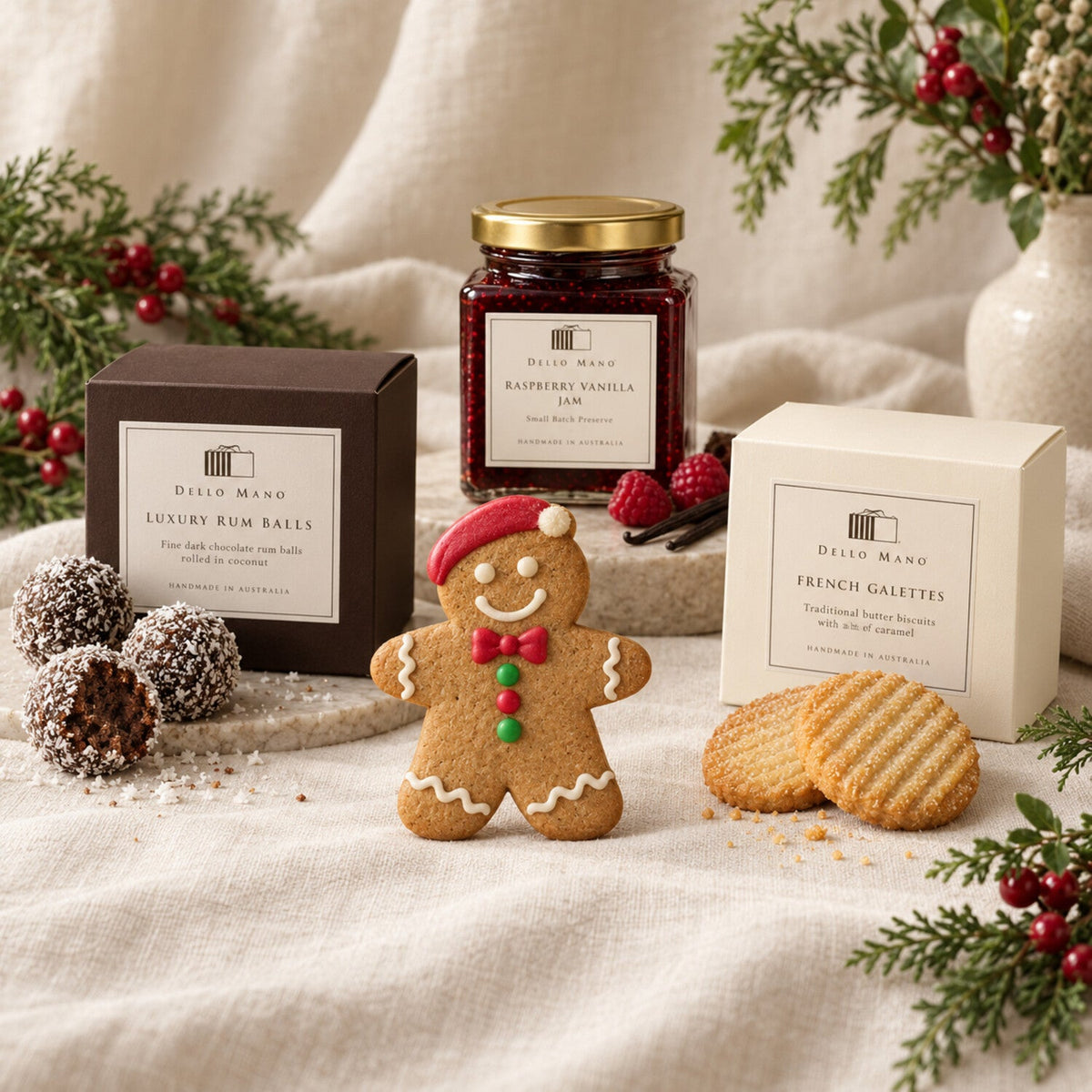 Dello Mano handmade Christmas stocking fillers with gingerbread, rum balls, French biscuits and raspberry vanilla jam.