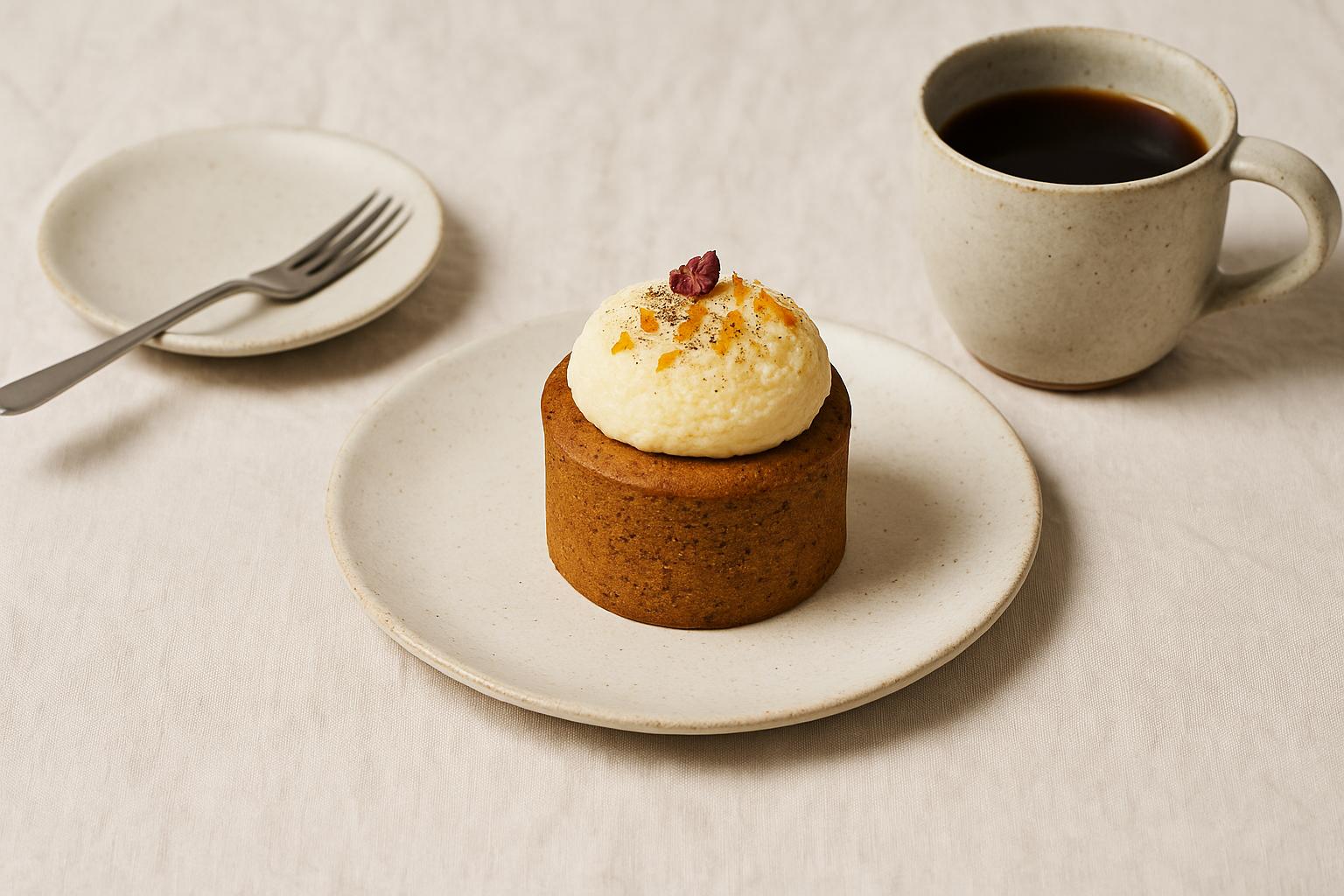 Mini Orange Almond Bento Cake on a handmade ceramic plate with coffee and fork, set on a linen tablecloth, Dello Mano handmade luxury cake Brisbane