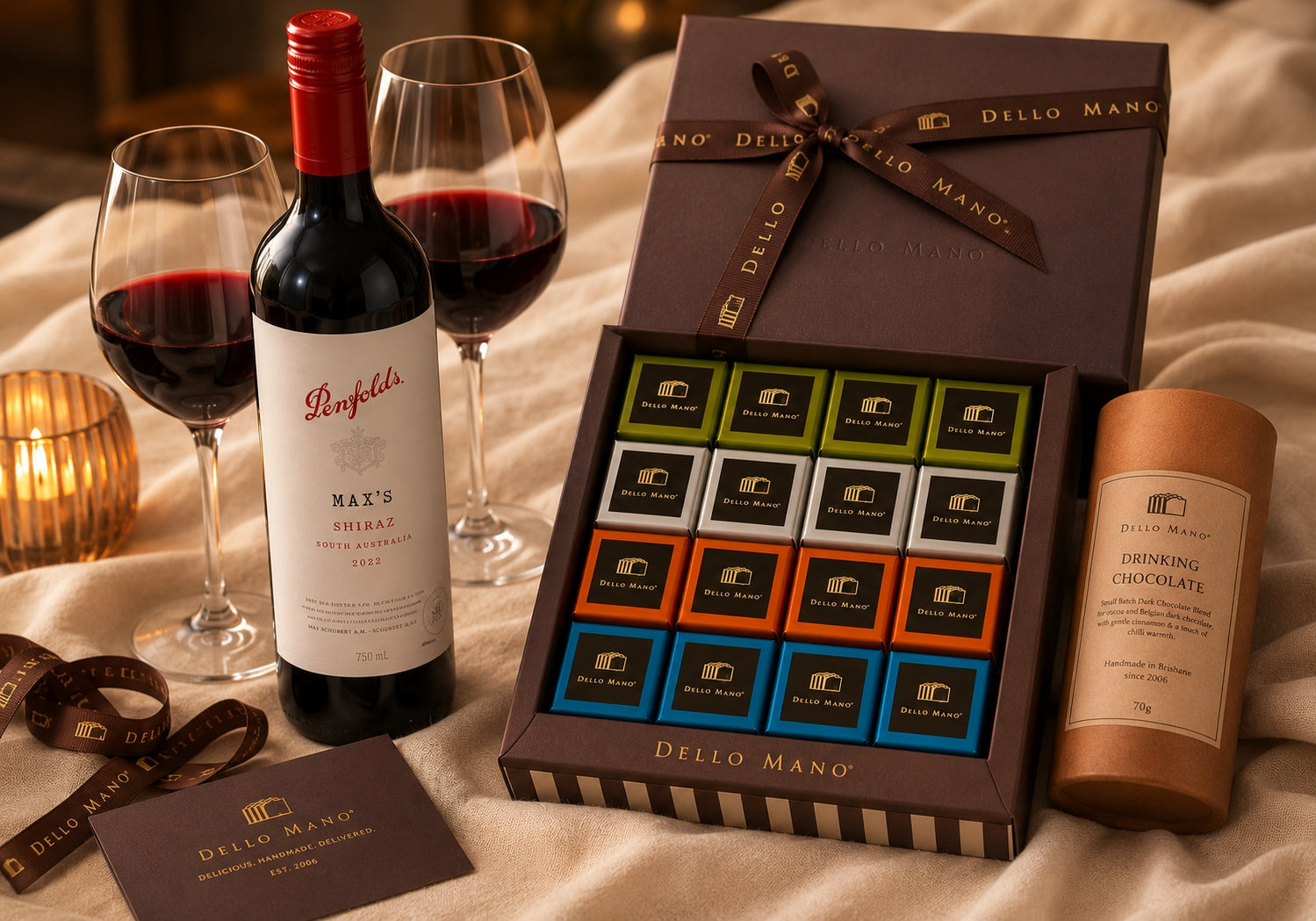 Dello Mano Chocolate Evening Hamper with Penfolds Max's Shiraz, 16 Piece Brownie Favourites Gift Box, Dark Drinking Chocolate and two glasses of red wine.