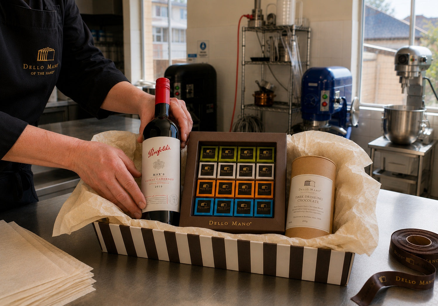 Hand-packing the Dello Mano Chocolate Evening Hamper in our West End Brisbane kitchen with Penfolds Max's Shiraz, 16 Piece Brownie Favourites Gift Box and Dark Drinking Chocolate.