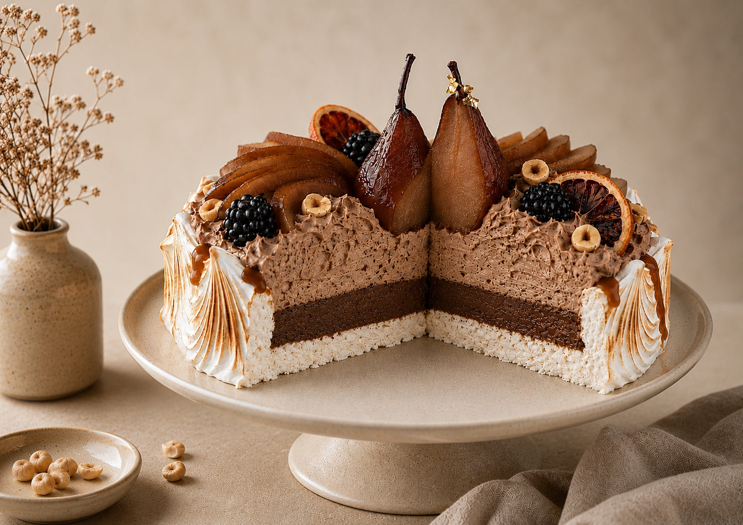 Illustrative representation of the Chocolate Spiced Pear Pavlova cross-section, showing toasted meringue, dark chocolate custard, chocolate cream and chocolate-spiced pears