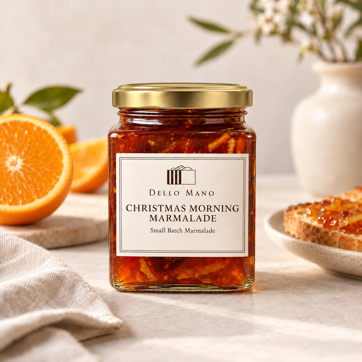 A glass jar of Dello Mano Christmas Morning Marmalade with a gold lid and white label, styled on a light beige tablecloth with an orange slice, bread, and a vase in the background.