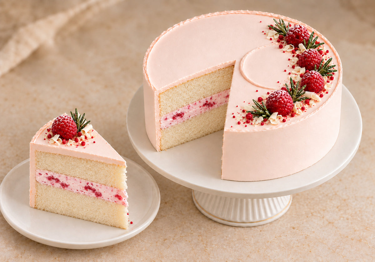 Christmas Raspberry Blossom cake with smooth blush frosting, a raspberry and rosemary half-wreath, and a cut slice showing two vanilla sponge layers with raspberry cream cheese filling.