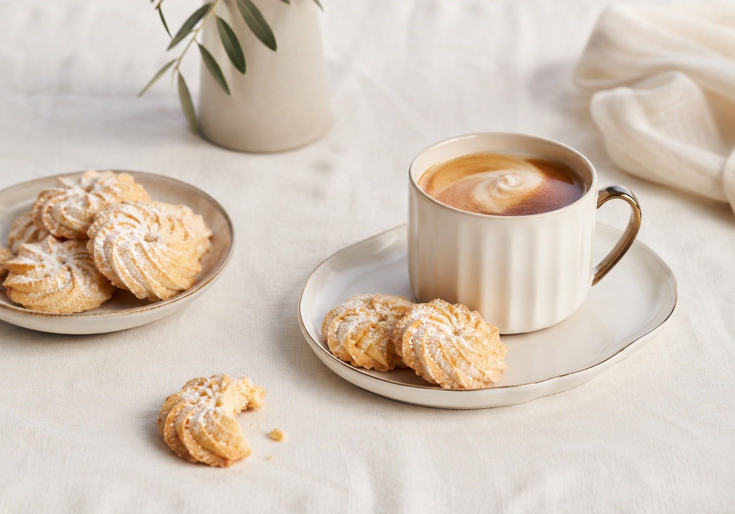 Handmade Danish butter biscuits served with coffee on a soft linen table, with extra biscuits arranged nearby.