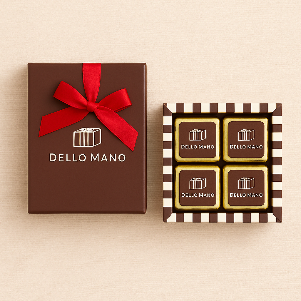 Dello Mano 4-piece Luxury Brownie™ gift box with red ribbon on a natural linen background, showing four individually wrapped brownies in gold foi