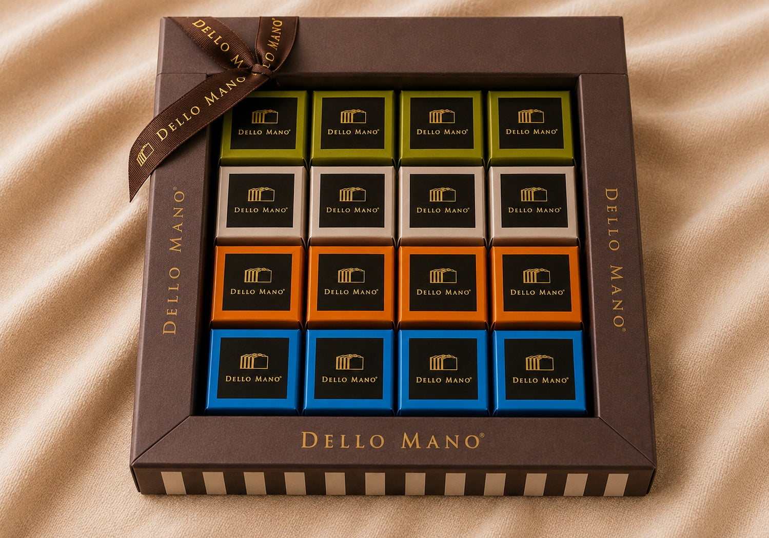 Dello Mano 16 Piece Brownie Favourites Gift Box showing individually wrapped Classic Belgian Chocolate, Espresso Walnut, Honey Caramelised Macadamia and Salted Caramel brownies in a luxury gift box.