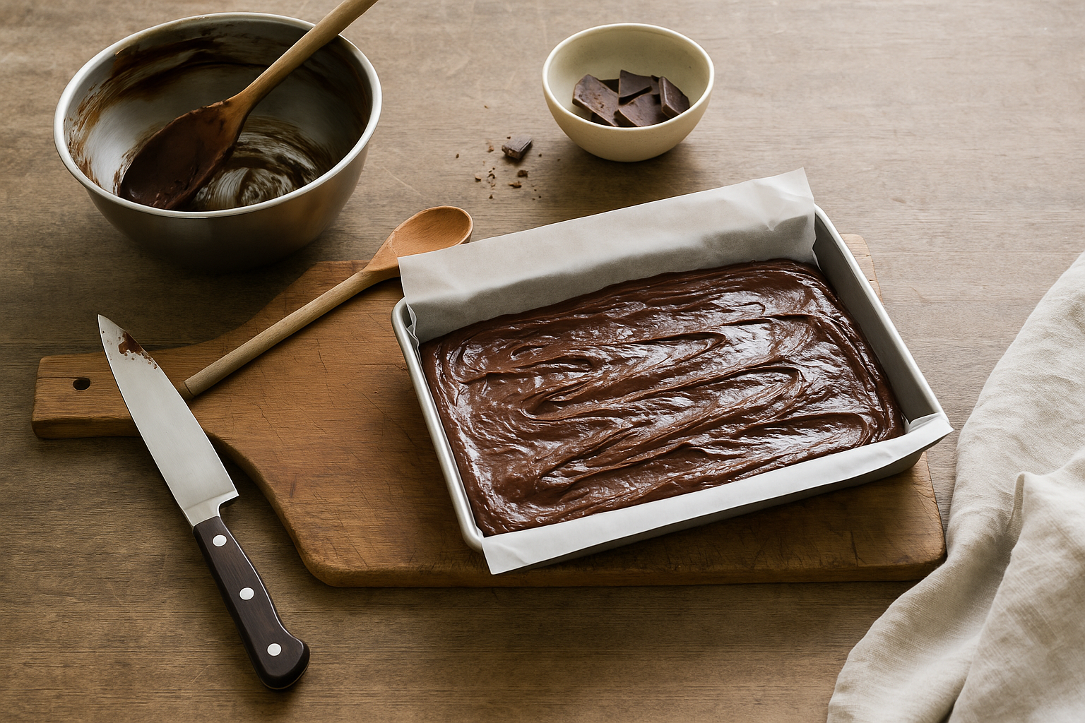 Overhead view of a rustic wooden table with a tray of glossy chocolate brownie batter on baking paper, surrounded by a mixing bowl, wooden spoon, knife, and pieces of chocolate