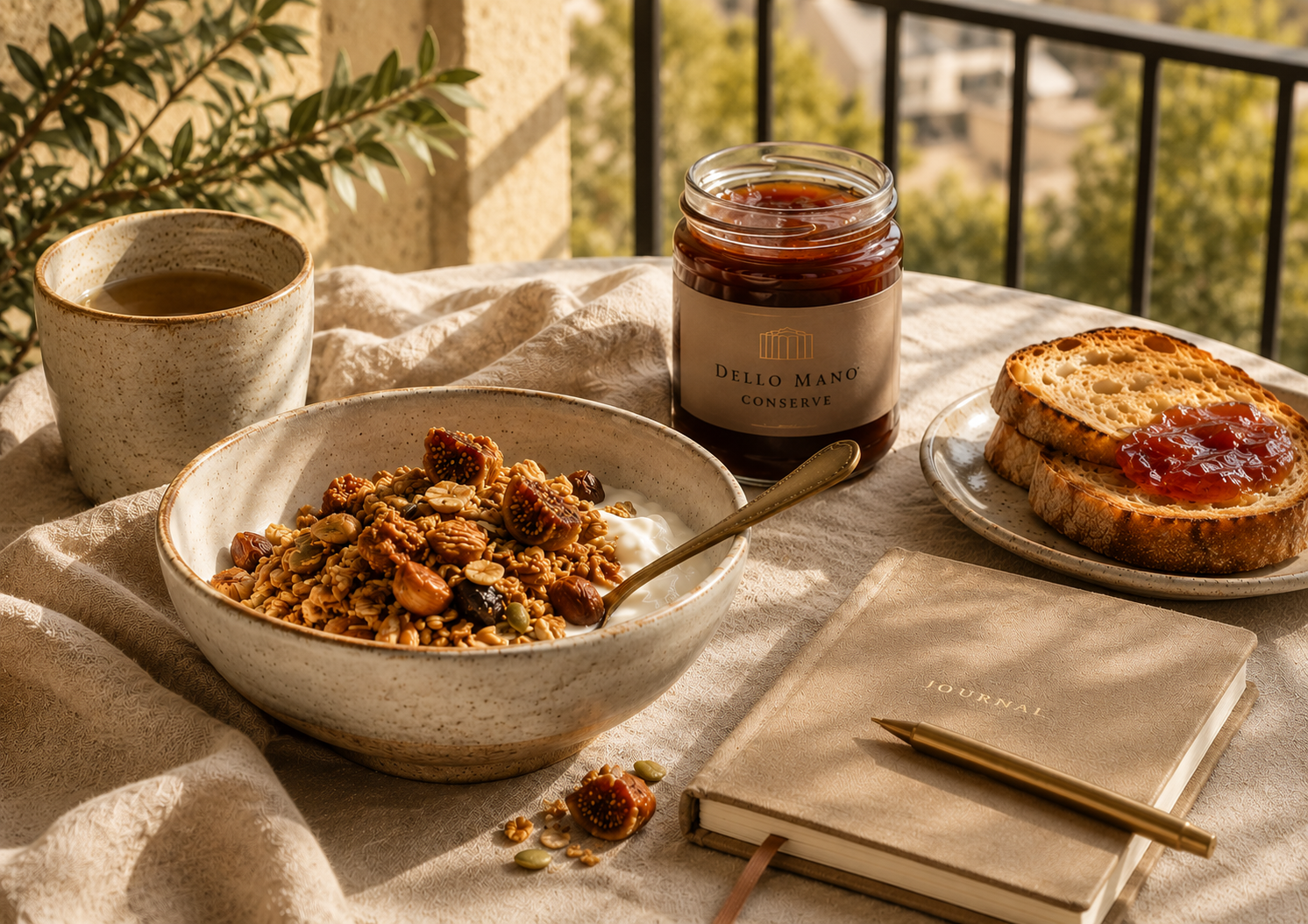 Breakfast scene with  Dello Mano Fig and Almond handmade granola, toast, jam, and a notebook on a tablecloth.