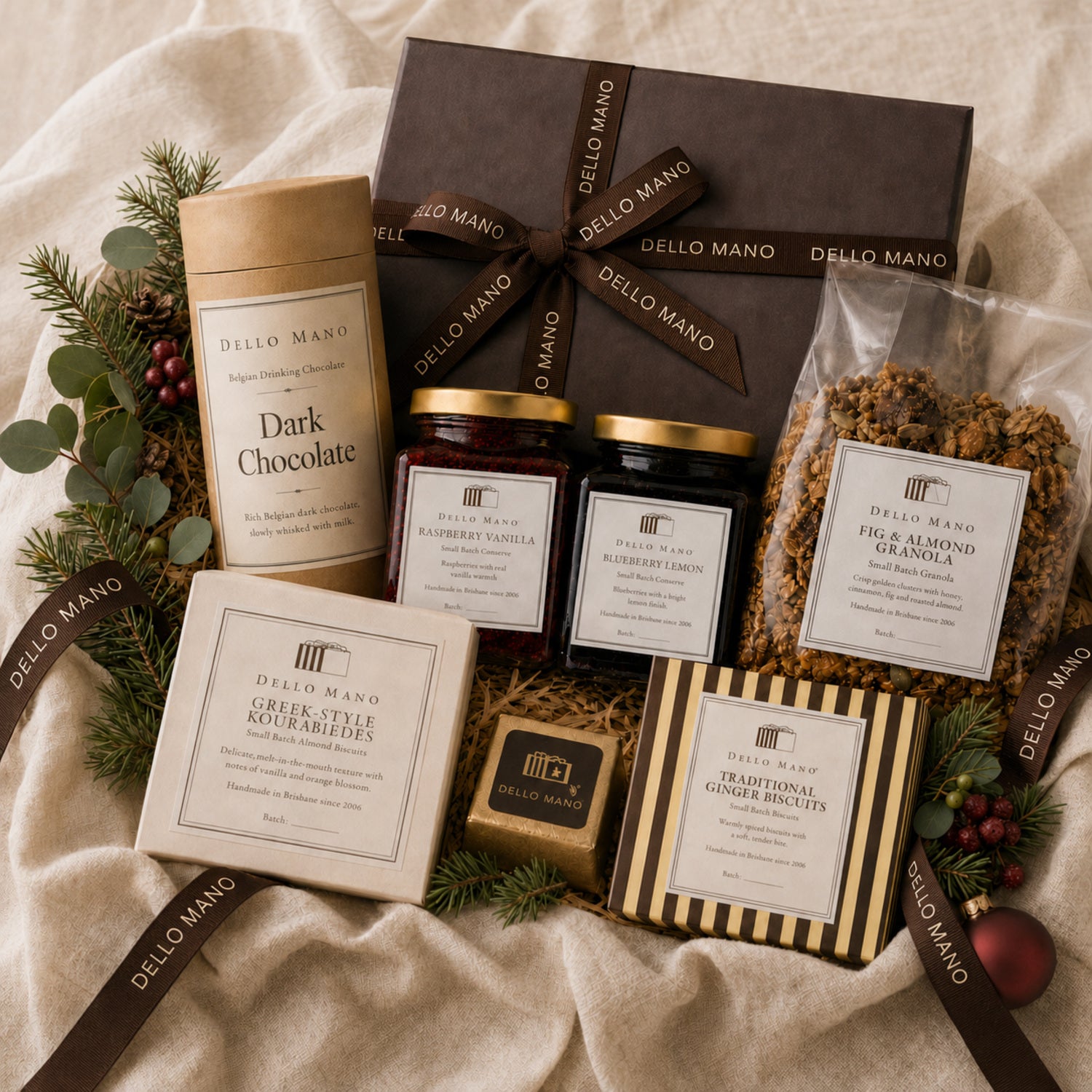 Dello Mano corporate Christmas hamper with handmade brownies, biscuits, preserves, granola and drinking chocolate