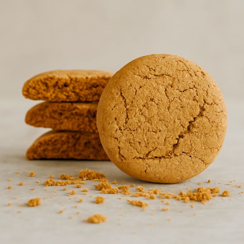 Ginger cookie stack with some cut to see the inside. Crumbs on the bench