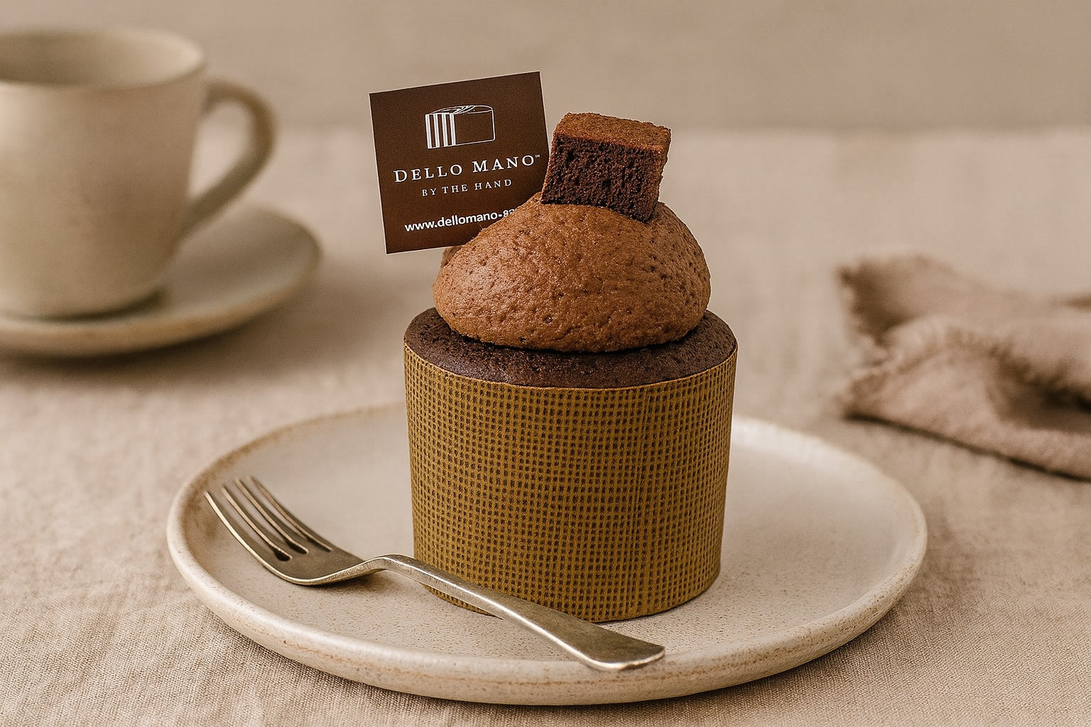 Mini Chocolate Bento Cake on a handmade ceramic plate with fork, topped with chocolate frosting and a fudgy brownie cube, Dello Mano branding card inserted.