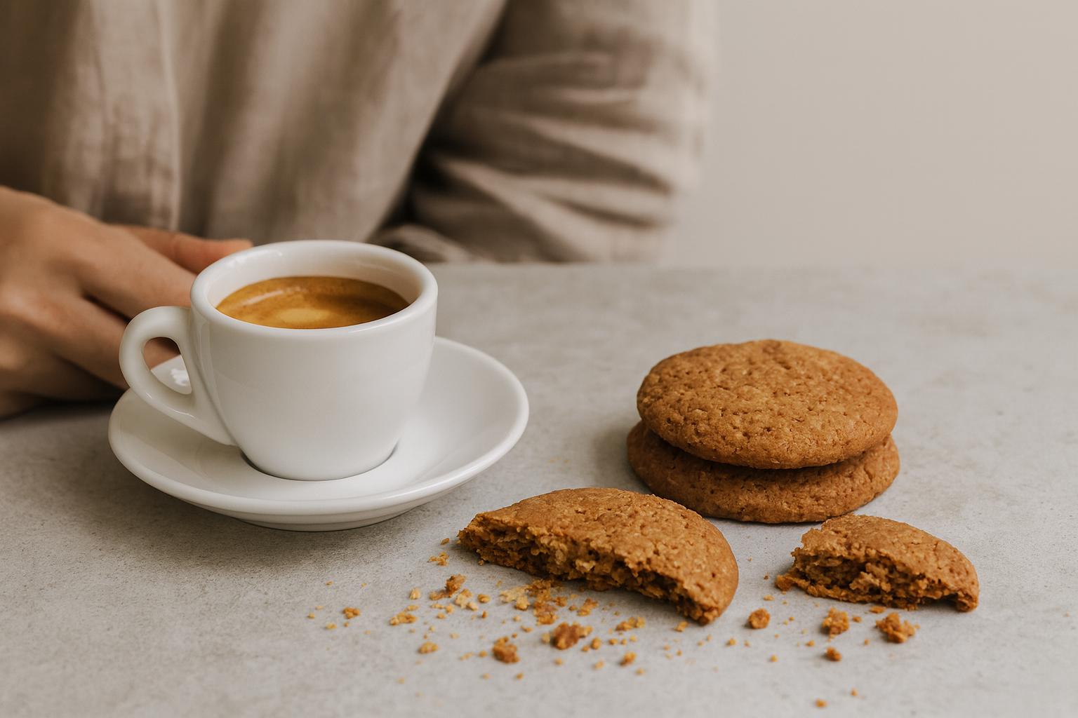 Handmade caramelised oat and coconut cookies with rustic cracks and crumbs, served beside an espresso on a modern stone table, calm aesthetic.