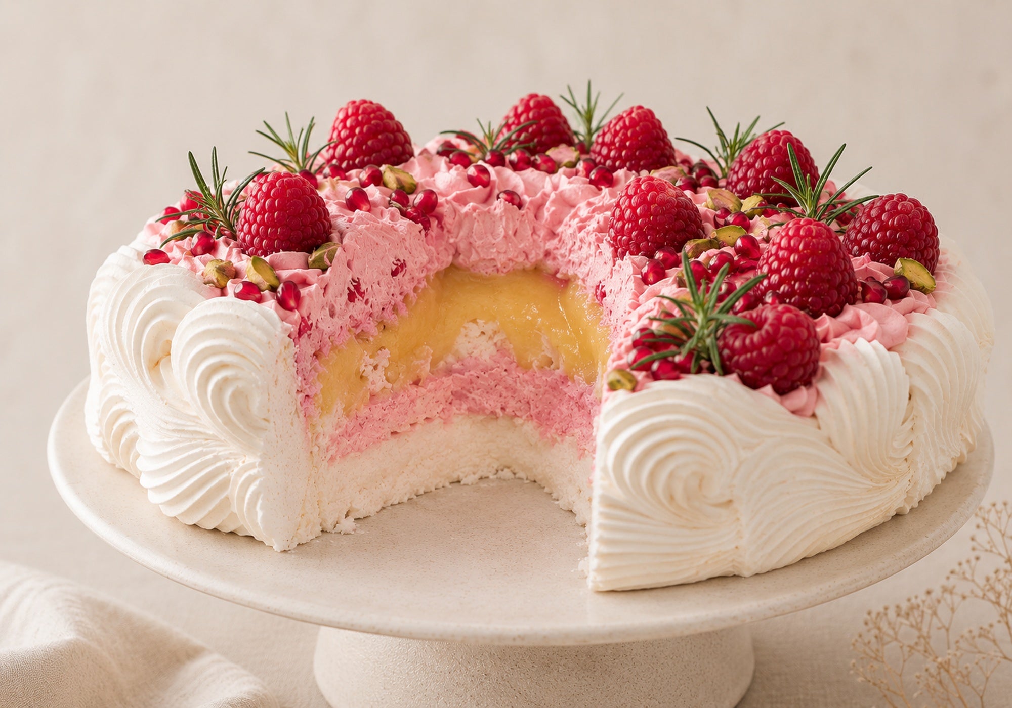 Pavlova Pascale cut open to reveal layers of meringue, vanilla custard and raspberry cream, topped with fresh raspberries, pistachios and pomegranate.