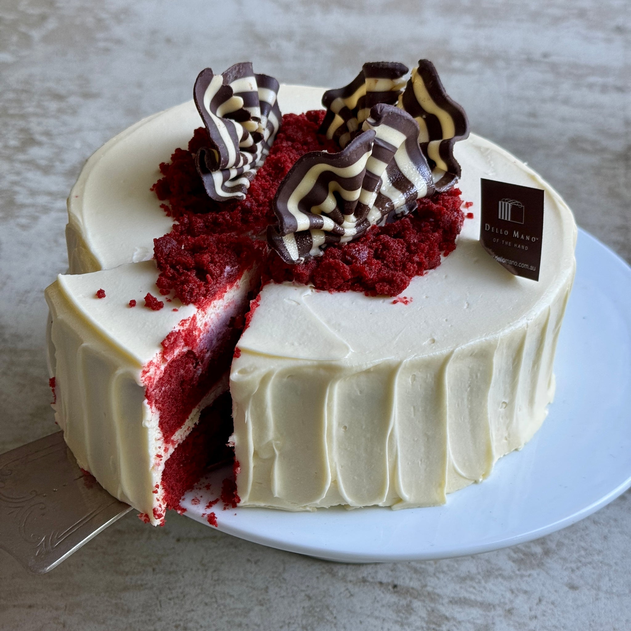 Handmade Red Velvet Cake with Cream Cheese Frosting & Chocolate Fans