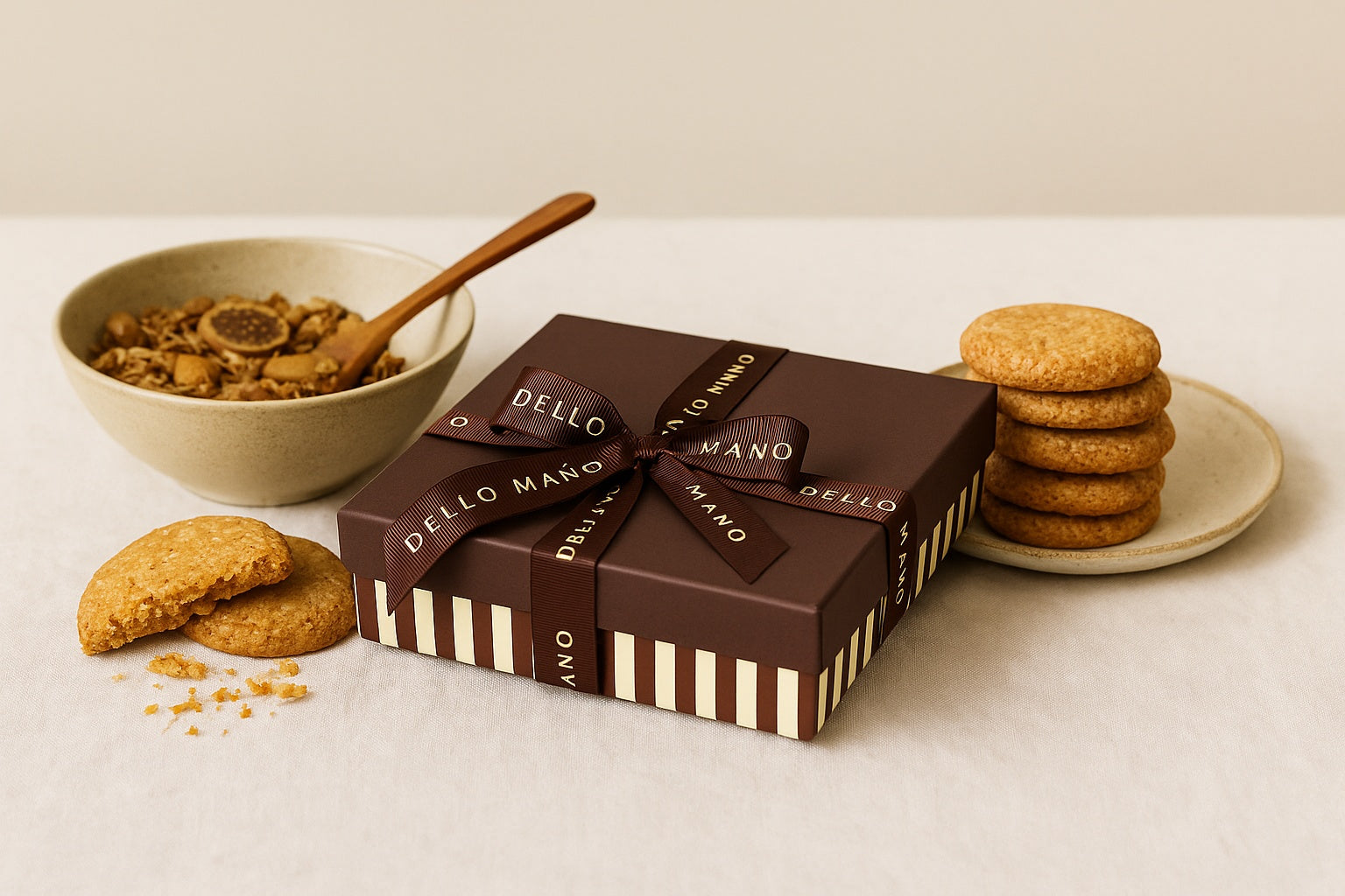 A Dello Mano Share the Care Hamper arrangement featuring a closed 16-piece brownie gift box tied with a brown ribbon, a rustic plate of oat and coconut cookies with one broken open, and a handmade bowl of fig and almond granola with a wooden spoon