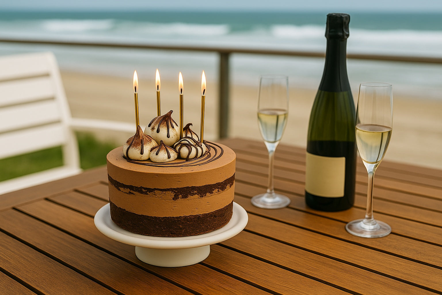 Handmade chocolate mousse celebration cake with gold candles on a white pedestal, delivered to the Sunshine Coast with champagne by the beach – Dello Mano luxury cake delivery Brisbane to Noosa, Maroochydore, Maleny and beyond.
