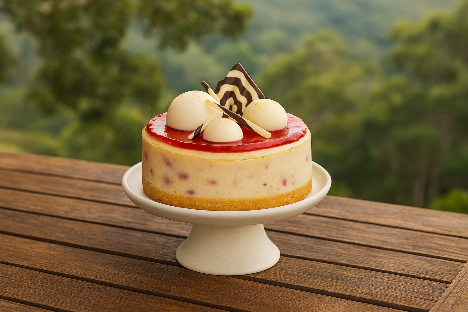 Handmade raspberry and white chocolate cheesecake by Dello Mano on a rustic timber table overlooking Maleny hinterland, celebrating Sunshine Coast cake delivery for birthdays, retreats, and gatherings
