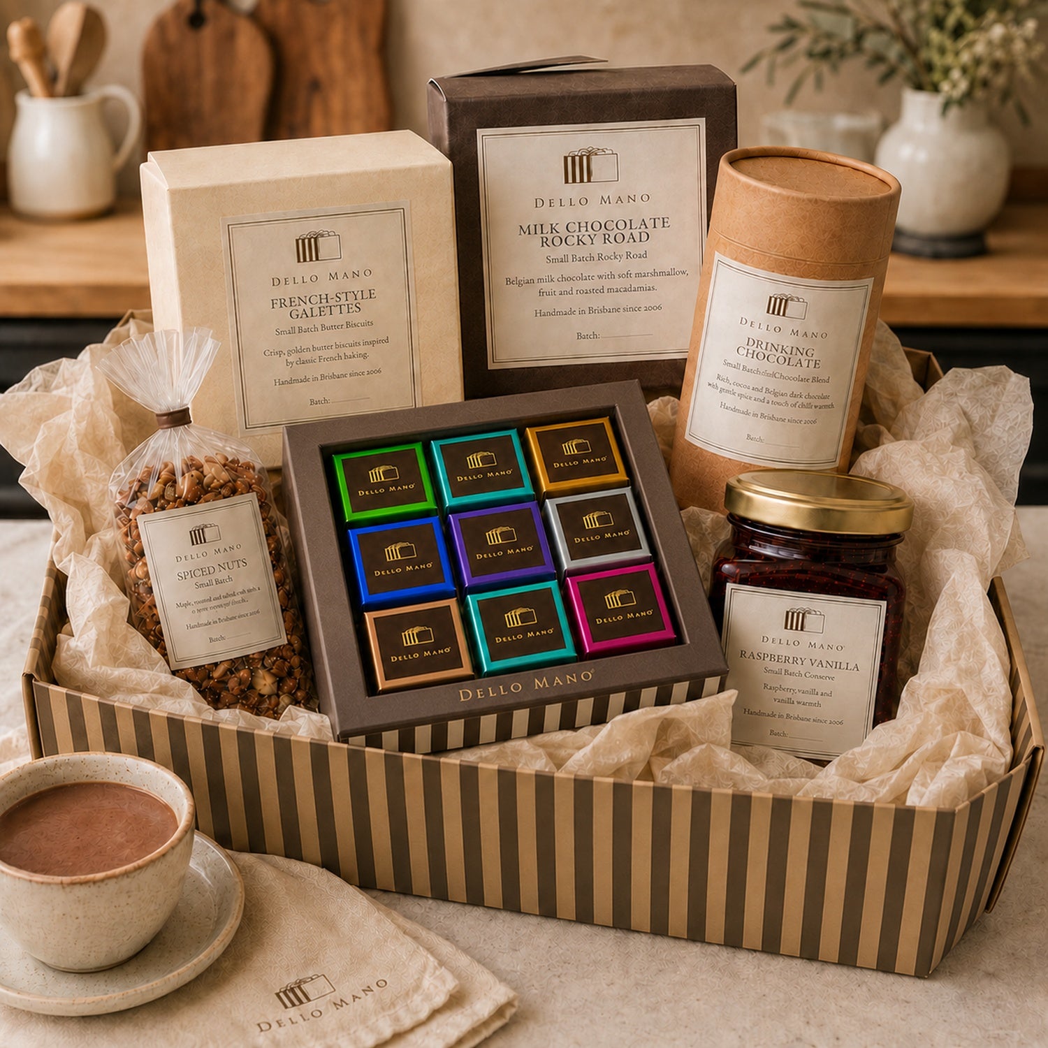 The Dello Mano Signature Hamper displayed in a striped gift box with a 9-piece mixed brownie gift box, French-style galettes, drinking chocolate, Rocky Road, spiced nuts and Raspberry Vanilla Jam.