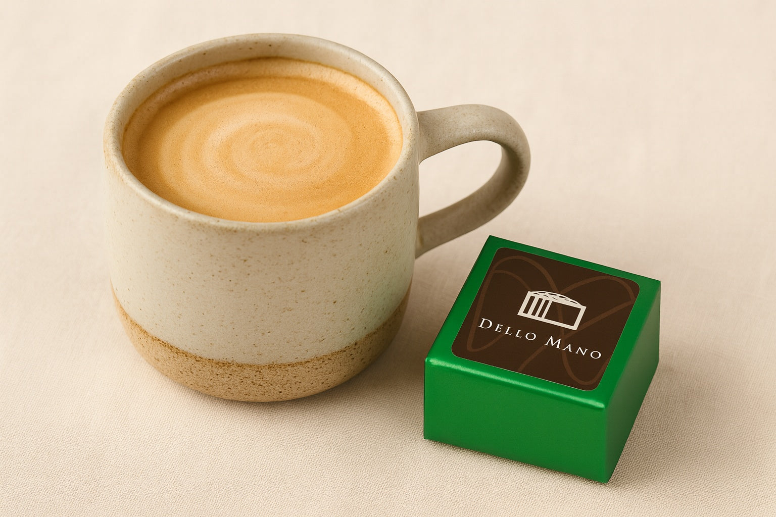 Dello Mano Vegan Brownie Cube wrapped in green foil with branded label, styled on a calm beige linen background beside a handmade ceramic cup of oat milk flat white 