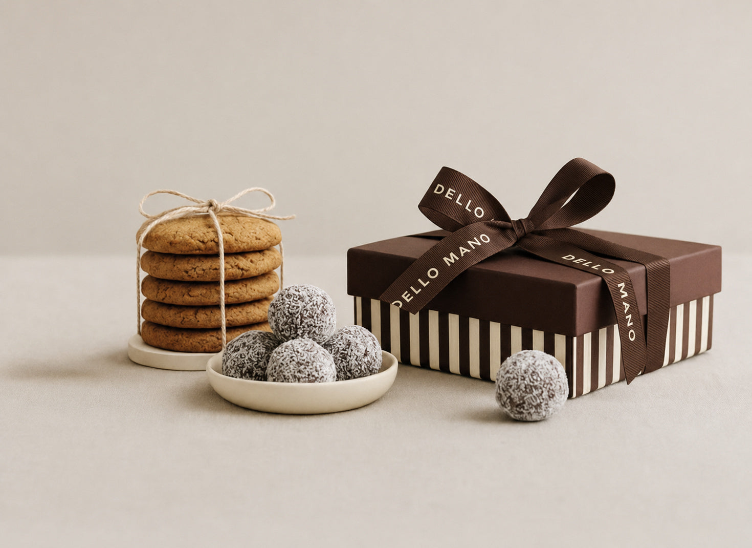 Airlie Hamper with handmade Traditional Ginger Biscuits, coconut-coated Luxury Rum Balls and a striped Dello Mano gift box tied with brown ribbon.