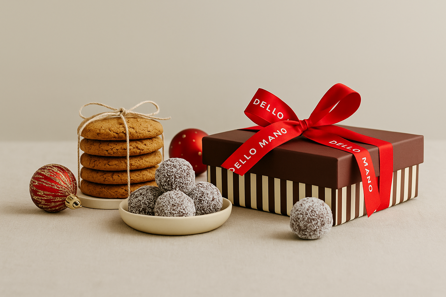 Dello Mano Airlie Hamper with a slim 16-piece striped gift box tied with red ribbon, a neat stack of nine ginger nut cookies, and a ceramic plate with six handmade rum balls, styled with festive red baubles on a linen surface.