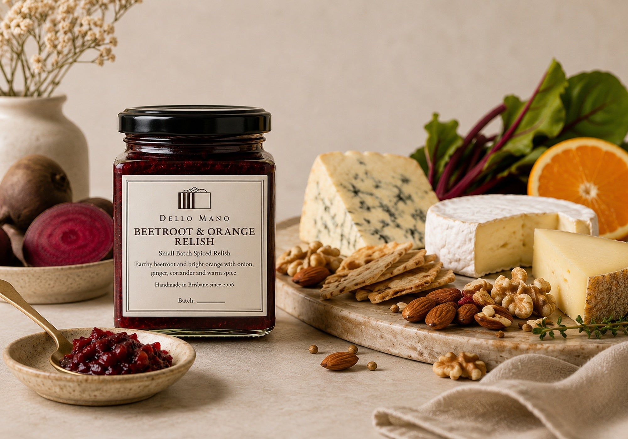 Beetroot and Orange Relish handmade by Dello Mano served with cheese, crackers and savoury grazing board ingredients