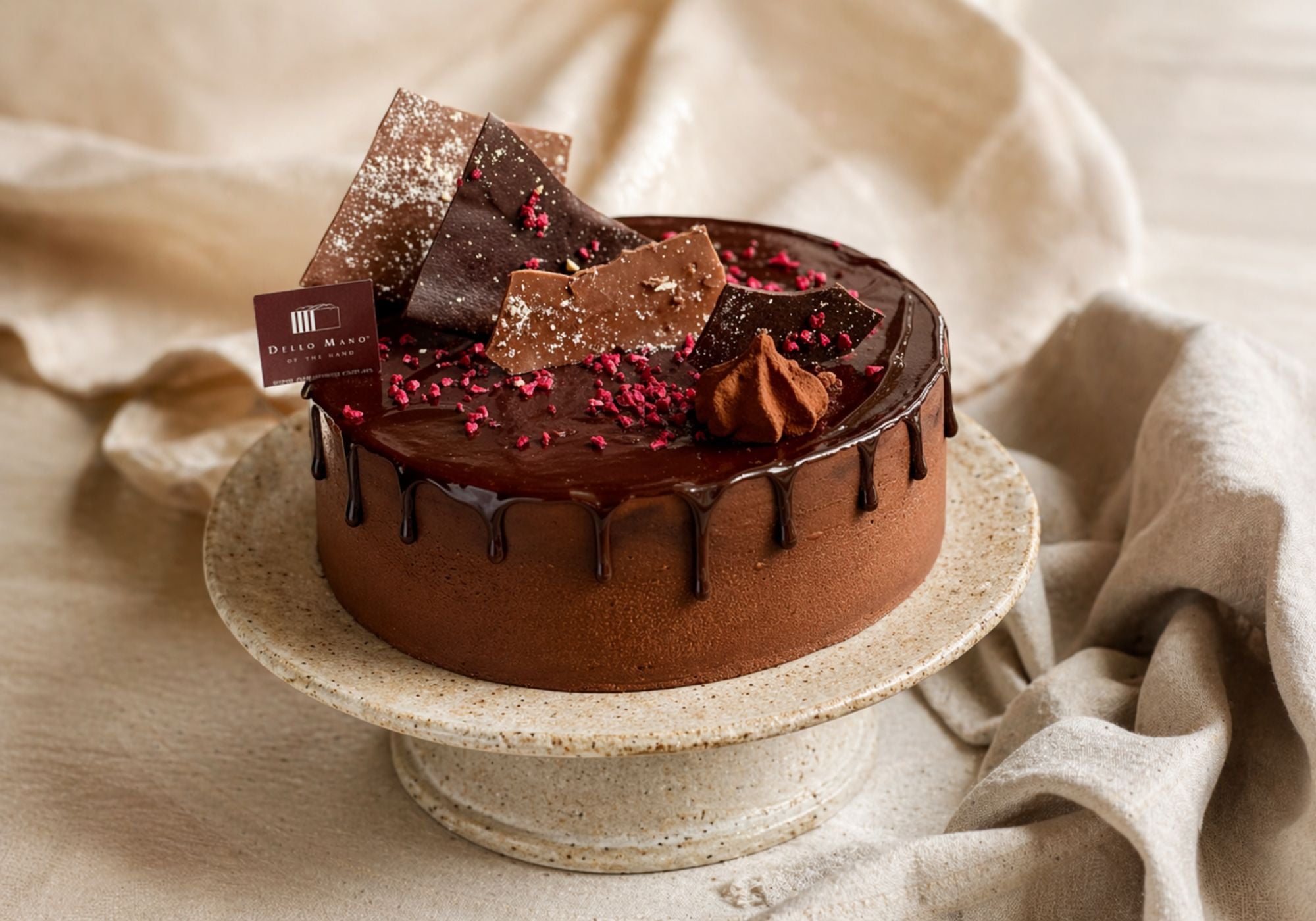Best cakes Brisbane handmade chocolate cake with ganache on ceramic stand styled on soft linen