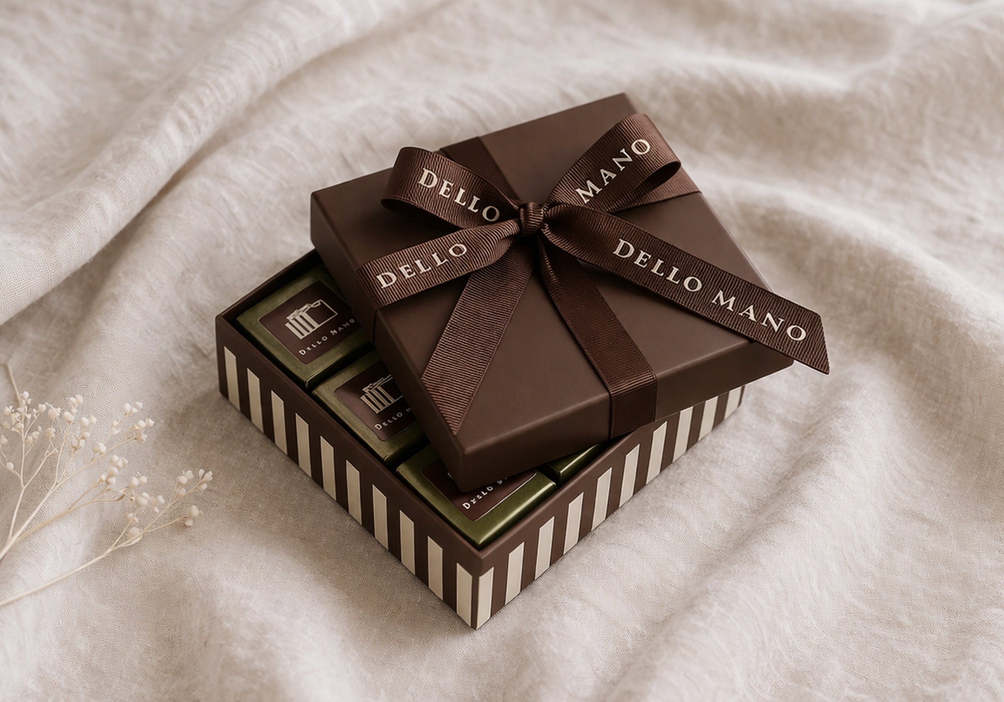 handmade chocolate gift box with ribbon open showing chocolate brownies designed to arrive beautifully Australia