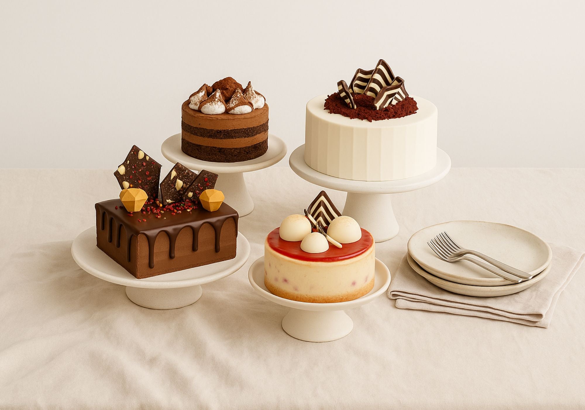 Best-selling handmade cakes displayed on ceramic stands with linen, plates, and forks in a calm, neutral setting