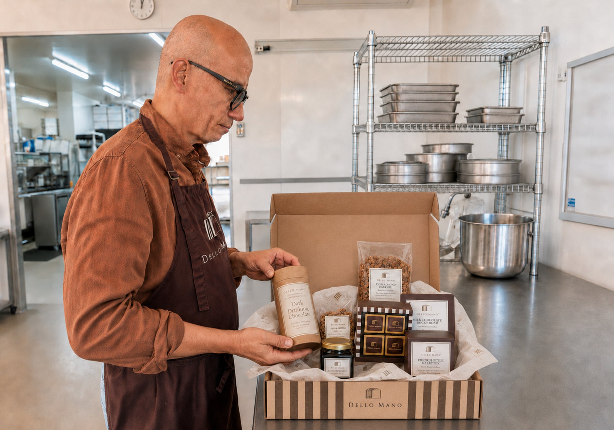 Dello Mano co-founder Bien preparing The Handmade Pantry Hamper with small-batch brownies, biscuits, granola, conserve and drinking chocolate in Brisbane.