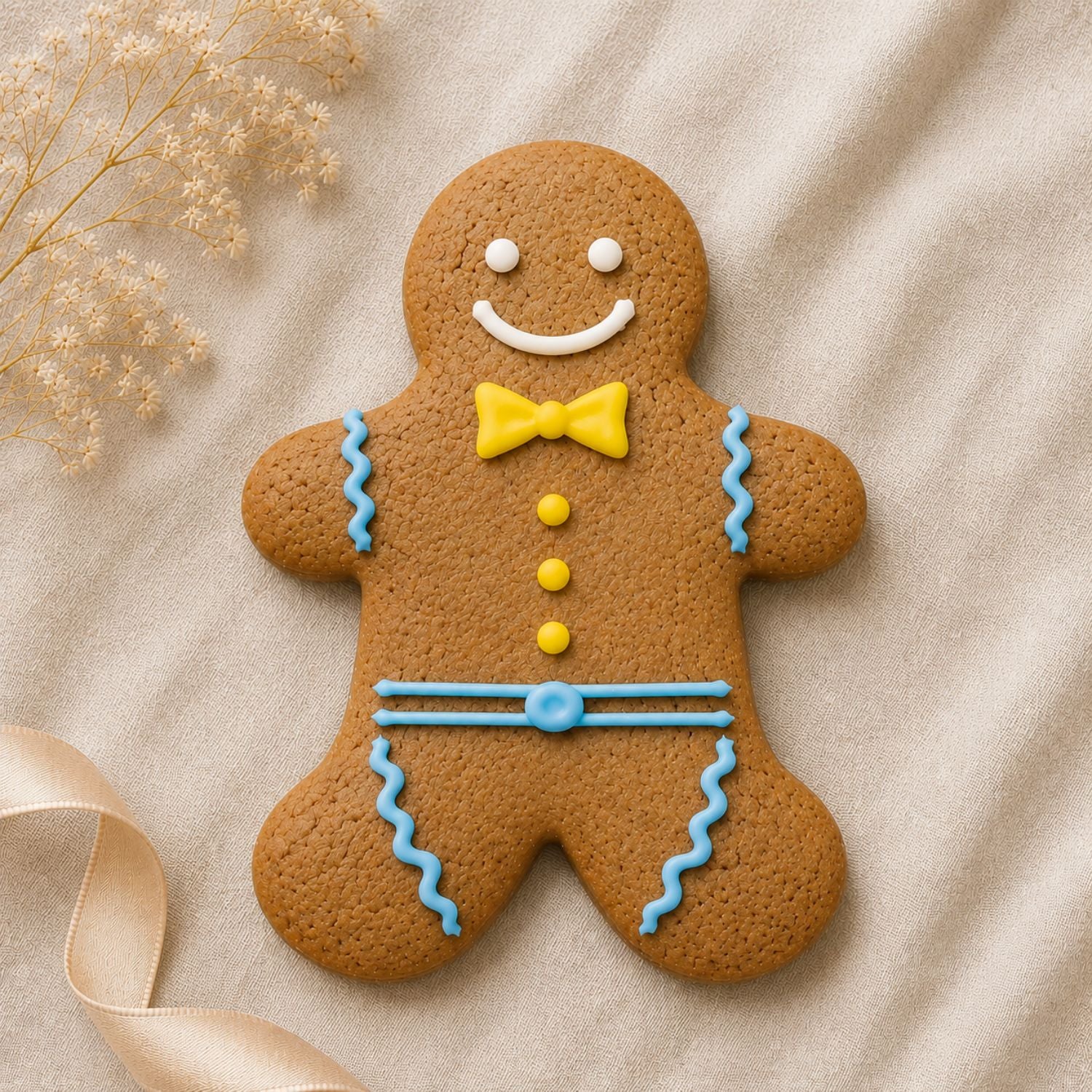 Handmade Gingerbread Boy Cookie decorated with royal icing, photographed on natural linen. Individually available as a gift add-on from Dello Mano Brisbane.