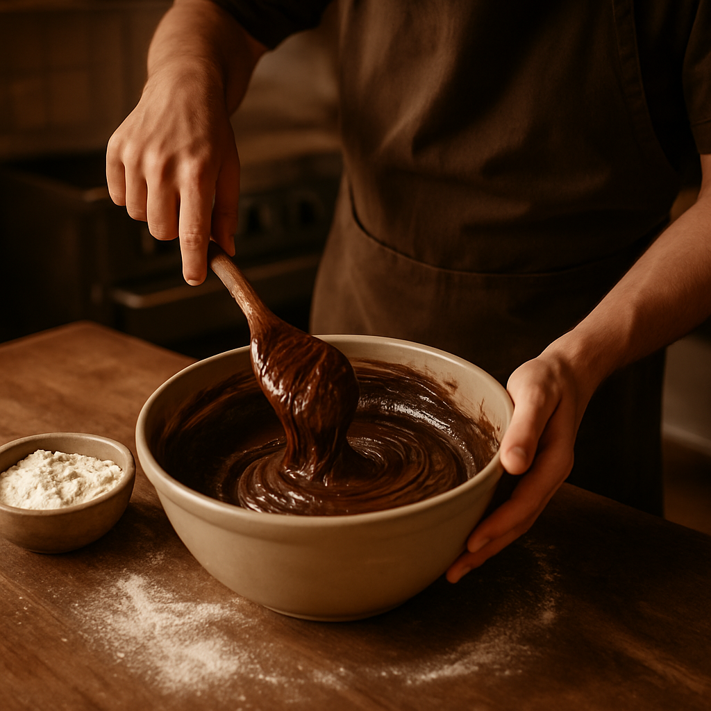 Person mixing chocolate brownie batter in a bowl with a wooden spoon on a wooden surface.