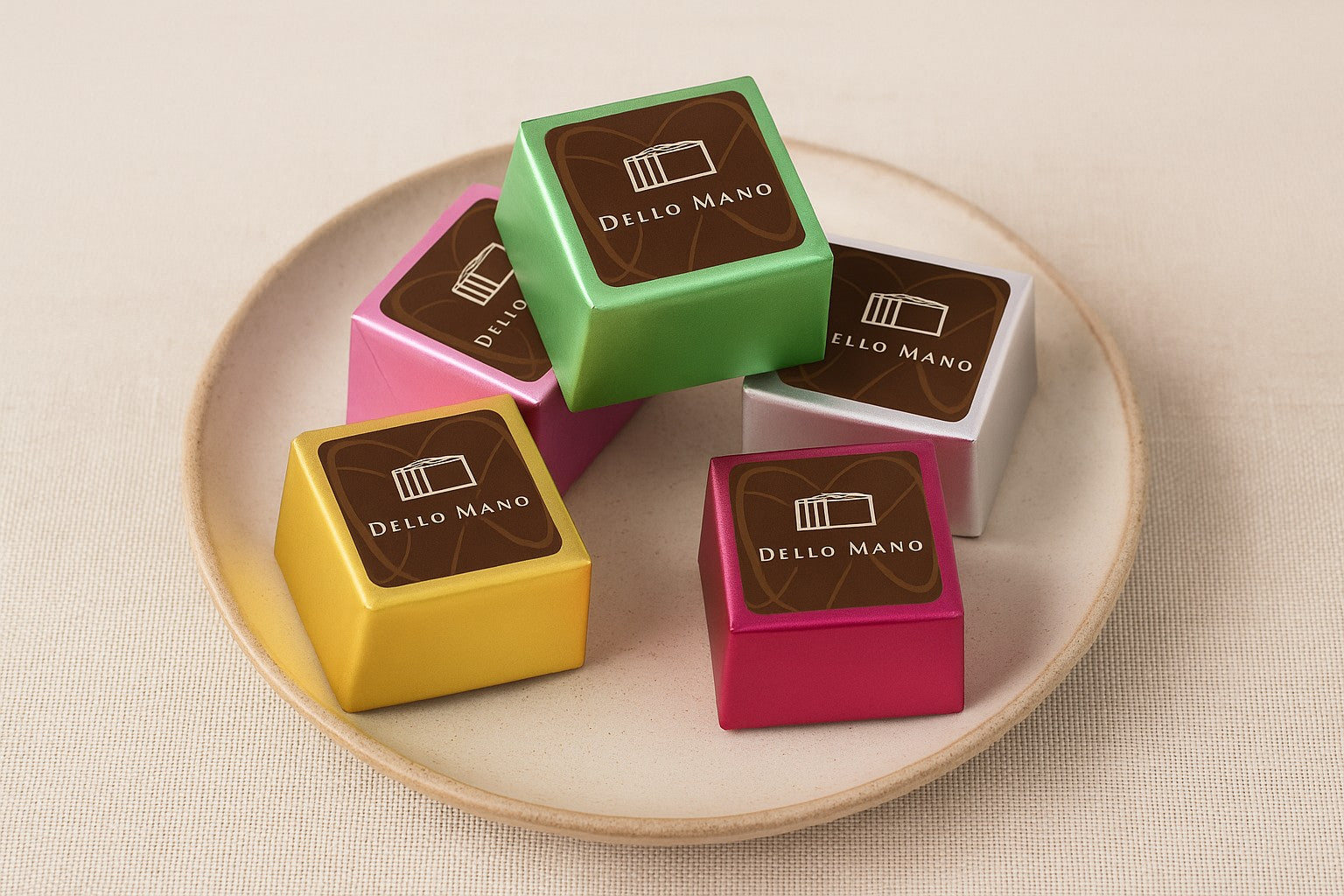 Dello Mano Luxury Brownie Cubes — assorted colourful foil-wrapped brownies arranged on a handmade ceramic plate over beige linen background