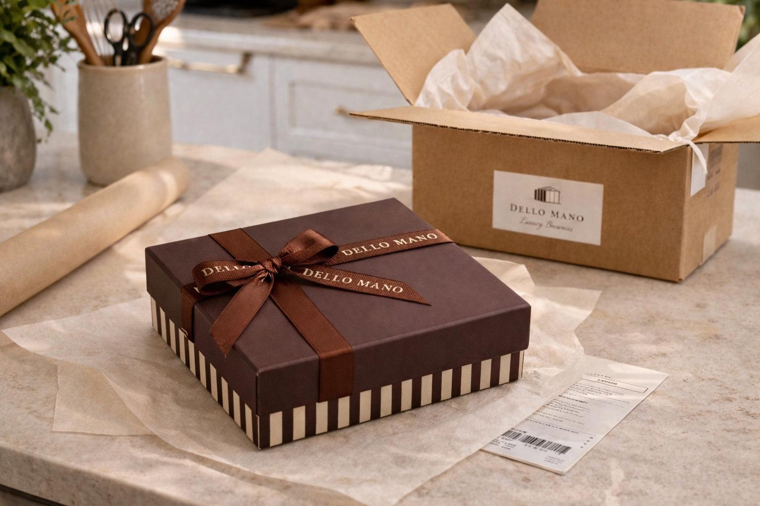 Brownie delivery Sunshine Coast gift box packaged and ready for next day delivery in a calm kitchen setting