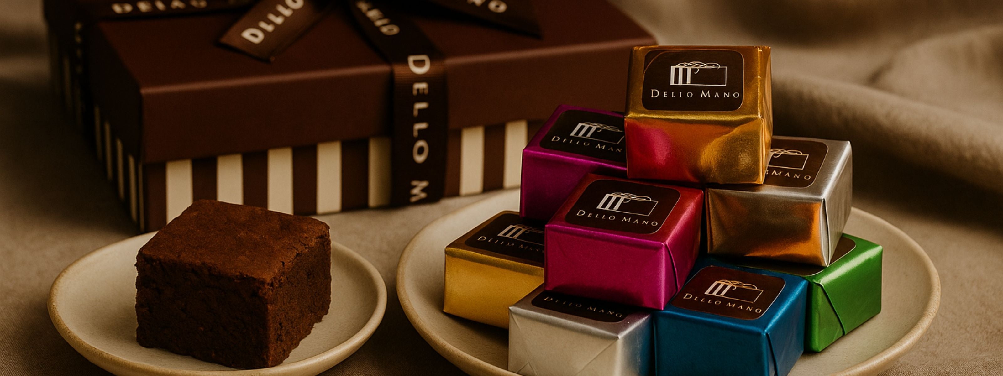 Dello Mano luxury brownie gift box with colourful individually wrapped chocolate brownies and a handmade chocolate brownie on ceramic plates